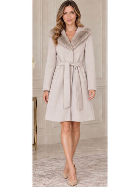 NetWork Turkish Luxury Beige Hooded Faux Fur Trim Belted Coat Size S Wool Blend